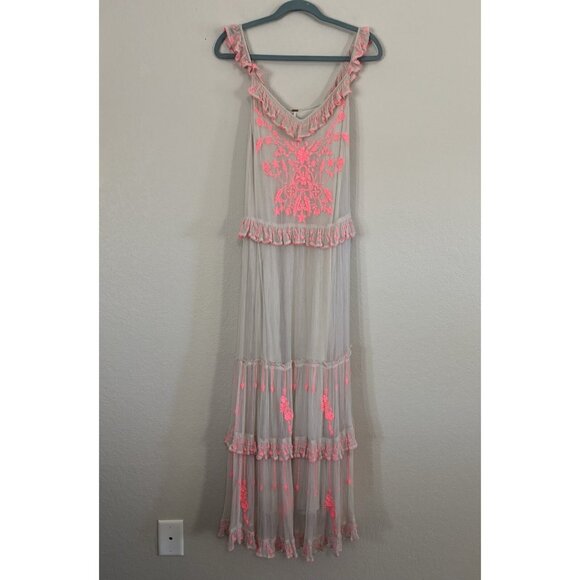 Free People Maxi Dress Hot Pink Beige Embroidered Sz Small - Picture 1 of 8